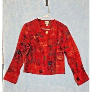 Chicos sz 0 Red Crop Blazer 100% Cotton One Button Geometric Print Art to Wear